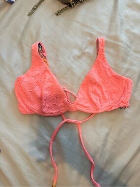 Maaji Lace-Textured Pink Bikini Top large coral